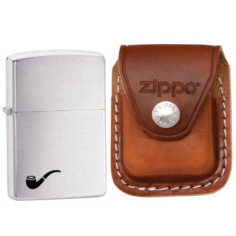 Lighter, Brushed Chrome with Color Image and Lighter Pouch with Clip-Brown