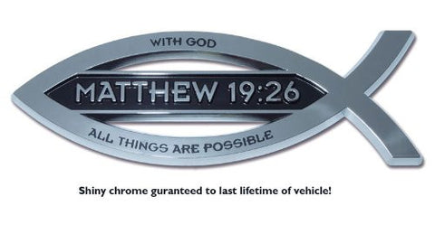 Christian Fish Chrome Auto Emblem (Matthew 19:26 w/ Scripture)