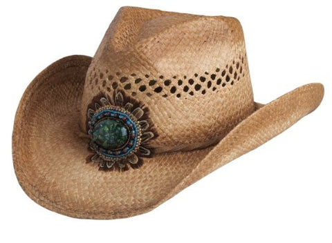 Navajo Western Bead and Feather Raffia Hat - Caramel Stain, One Size