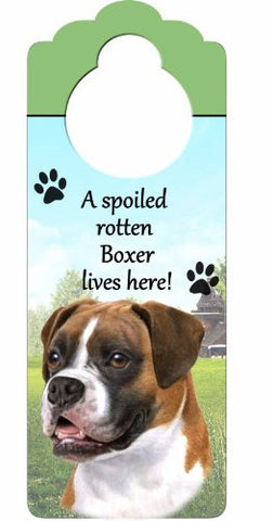 Boxer, Uncropped Wood Sign "A Spoiled Rotten Boxer, Uncropped Lives Here"with Artistic Photograph Measuring 10 by 4 Inches Can Be Hung On Doorknobs Or Anywhere In Home