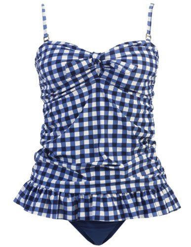 Marina West 2 Piece Bandeau Tankini Swimsuit Set (Gingham Navy / Large)