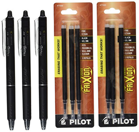 3 Frixion Clicker Gel Pen, Fine Tip, Black and 2 of 3 Pack Pouch, Frixion Ball Refill Pen, Fine Tip, Black