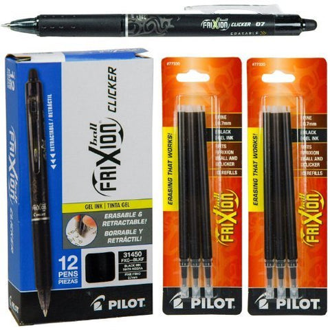 12 Frixion Clicker Gel Pen, Fine Tip, Black and 2 of 3 Pack Pouch, Frixion Ball Refill Pen, Fine Tip, Black