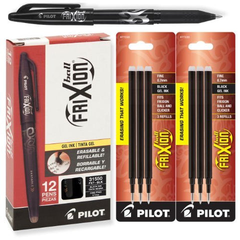12 Frixion Ball Pen, Fine Tip, Black and 2 of 3 Pack Pouch Frixion Ball Refill, Fine Tip, Black