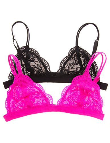(2 Piece Bundle) Sheer Triangle Bralette with Double Spaghetti Straps - Black and Sheer Triangle Bralette with Double Spaghetti Straps - Pink, Medium/Large
