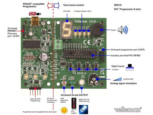 USB PIC Programmer and Tutor Board, 90 x 74 mm / 3.54 x 2.91"