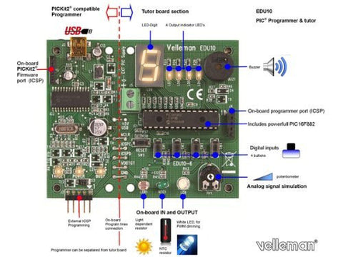 USB PIC Programmer and Tutor Board, 90 x 74 mm / 3.54 x 2.91"