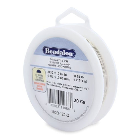 German Style Wire, Half Round,Tarnish Resistant Silver Plated, 20 gauge (.032 in, .81 mm), 1/4 lb (.11 kg)