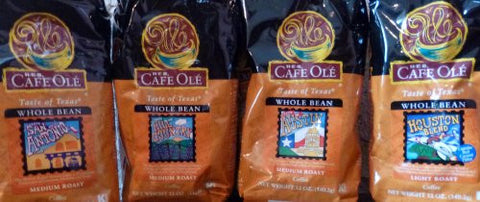 Cafe Ole Whole Bean Taste of San Antonio (Medium Roast Coffee 12oz),
Cafe Ole Whole Bean Taste of Austin (Medium Roast Coffee 12oz),
Cafe Ole Whole Bean Houston Blend (Light Roast Coffee 12oz), and
Cafe Ole Whole Bean Taste of The Hill Country (Medium Roa