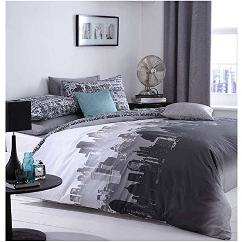 Catherine Lansfield City Scape Double Duvet Cover Set - 200cm x 200cm Pillowcase approx size: 50cm x 75cm, Black / White / Grey
