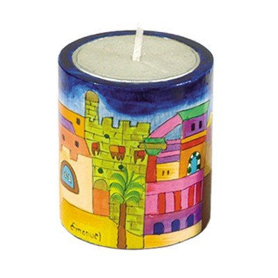 Memorial Candle Holder - Wood and Candle - Jerusalem, 2.7x3.2 inch