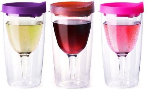 Vino2Go Wine Tumbler 10 oz, Merlot, Pink, Red Lids, Pack of 3