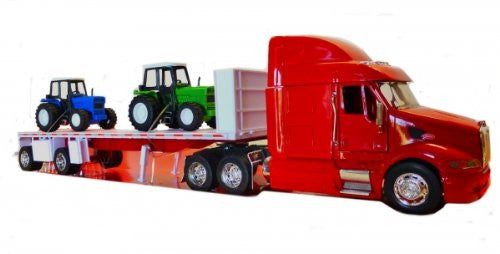Peterbilt 387 Tractor/Flatbed with 2 Farm Tractors - 1:32 Scale, Silver/Red