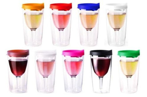 Vino2Go Wine Tumbler 10 oz, Multicolor Lid, Pack of 9