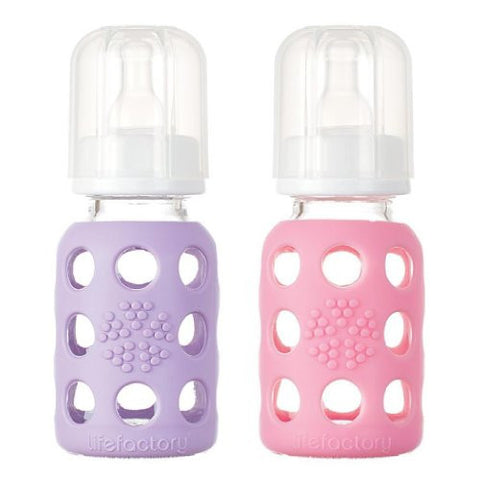 Lifefactory Glass Baby Bottle with Silicone Sleeve 4 Ounce, Set of 2 - Lilac/Pink