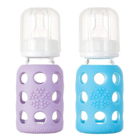 Lifefactory Glass Baby Bottle with Silicone Sleeve 4 Ounce, Set of 2 - Lilac/Sky Blue