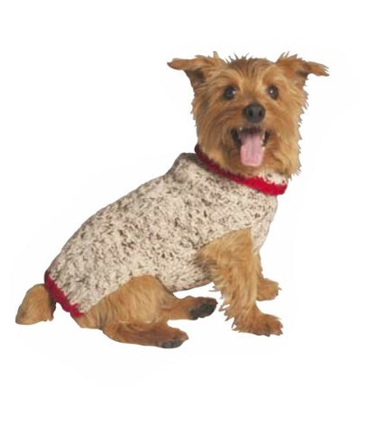 Chilly Dog Oatmeal w/Red Trim Cable Knit Sweater Small