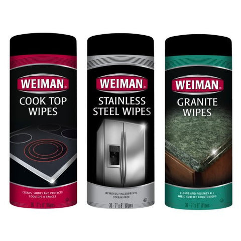 Weiman Stainless Steel Wipes 30 count and
Weiman Granite Wipes 30 count and
Weiman Cook Top Wipes 30 counts