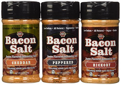J&D’s Original Bacon Salt 2.0 oz and J&D’s Hickory Bacon Salt 2.0 oz and J&D’s Peppered Bacon Salt 2.0 oz