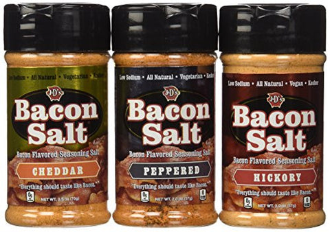J&D’s Original Bacon Salt 2.0 oz and J&D’s Hickory Bacon Salt 2.0 oz and J&D’s Peppered Bacon Salt 2.0 oz