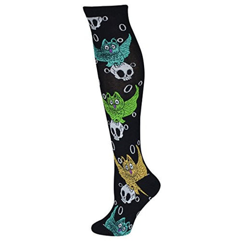 Women's Socks Owl & Skull Knee High, Black/Green