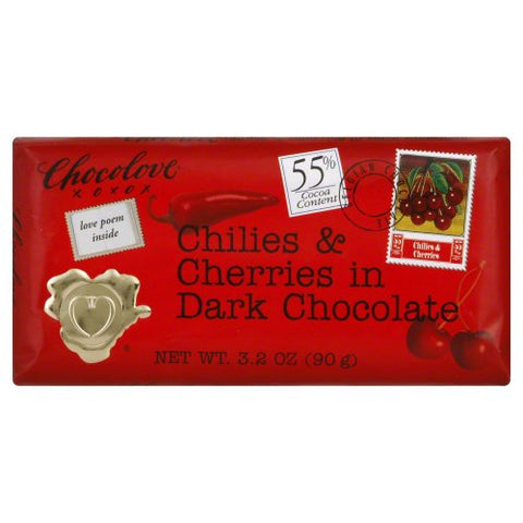 CHOCOLOVE, XOXO CHILIES/CHERRIES CHOCOLATE BAR 3.2OZ