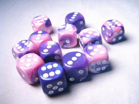 Gemini Pink & Purple with White - 16mm Six Sided Die (12) Block of Dice
