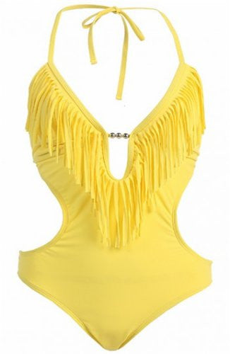MW Women's Fringe Swimwear Monokini Bikini 1-Piece Swimsuit (Yellow / Medium / 6-8)