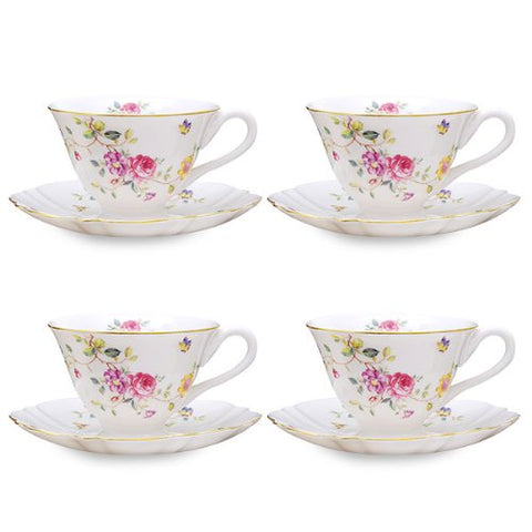 Purple Floral Tea Cups and Saucers, Set of 4