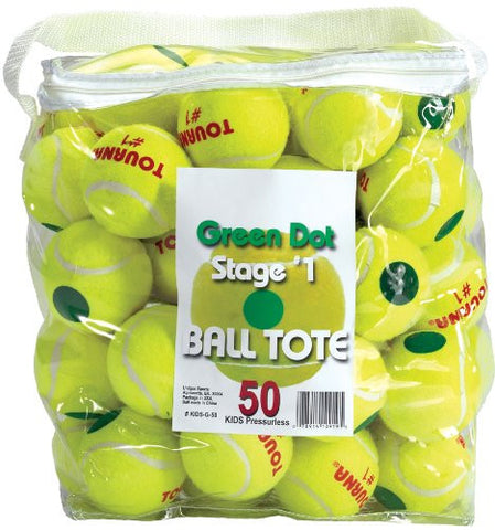 10 & Under Tennis Balls - 25% Reduced Speed - Ball Pouch - 50 Green Dot Balls