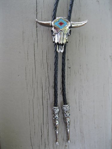 Steerhead Bolo Tie With Turquoise And Coral Inlay Made In The USA