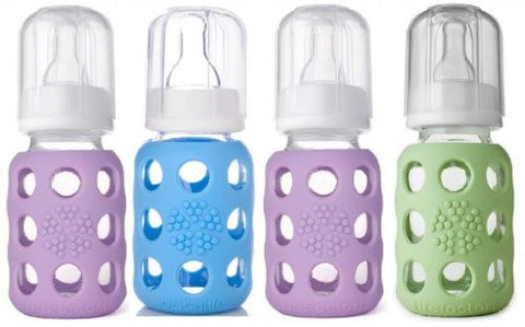Lifefactory Glass Baby Bottles 4 Pack (4 oz. in Boy Colors) - Blue/Green/Lilac