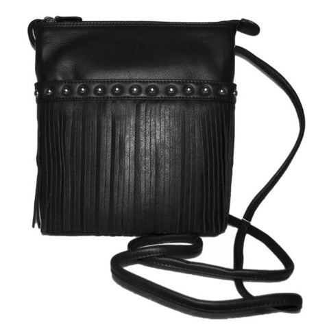 Cowhide Leather Fringe Cross-body Handbag Black