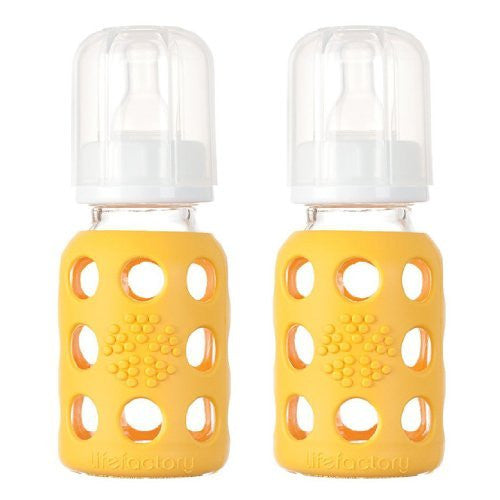 Lifefactory Glass Baby Bottle with Silicone Sleeve 4 Ounce, 2 Pack - Yellow
