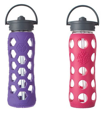 LifeFactory 22oz Glass Bottle with Straw Cap 2 pack - Royal Purple & Raspberry