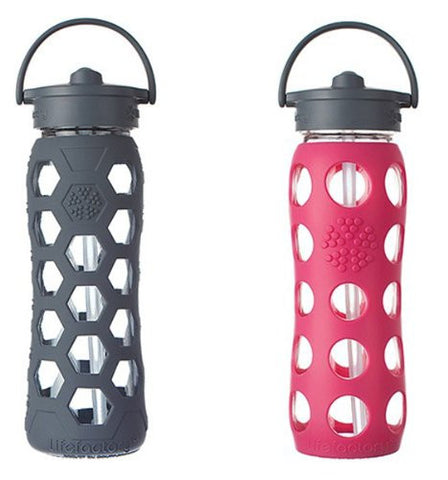 LifeFactory 22oz Glass Bottle with Straw Cap 2 pack - Carbon & Rasperry
