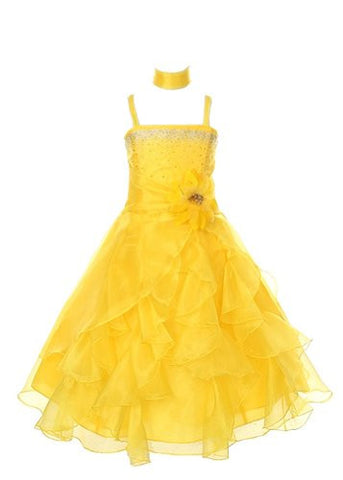 Cinderella Couture Girls Cascading Crystal Organza Rhinestone Party Dress - Yellow