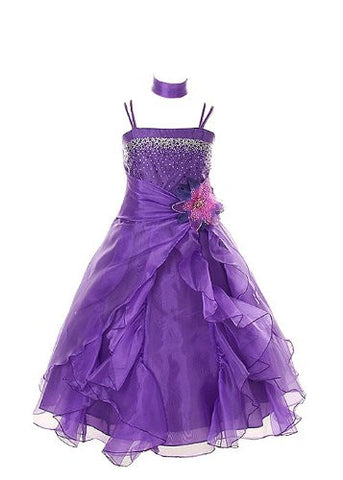 Cinderella Couture Girls Cascading Crystal Organza Rhinestone Party Dress - Purple