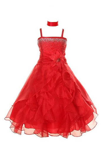 Cinderella Couture Girls Cascading Crystal Organza Rhinestone Party Dress - Red
