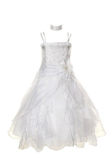 Cinderella Couture Girls Cascading Crystal Organza Rhinestone Party Dress - White