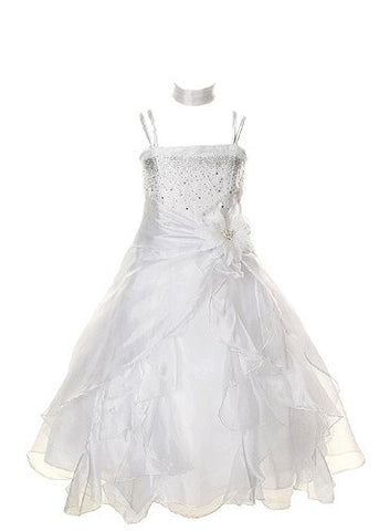 Cinderella Couture Girls Cascading Crystal Organza Rhinestone Party Dress - White