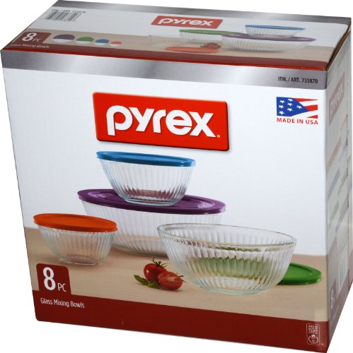 Pyrex 8 Piece Smart Essentials Mixing Bowl Set: Includes: 1 Quart Mixing Bowl with Green Plastic Cover (1), 1.5 Quart Mixing Bowl with Orange Plastic Cover (1), 2.5 Quart Mixing Bowl with Blue Plastic Cover (1), 4 Quart Mixing Bowl with Red Plastic Cover