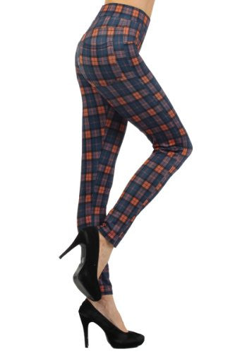 Yelete High-Waist Plaid Skinny Pants with Elastic Banded Waist - Orange/Blue L