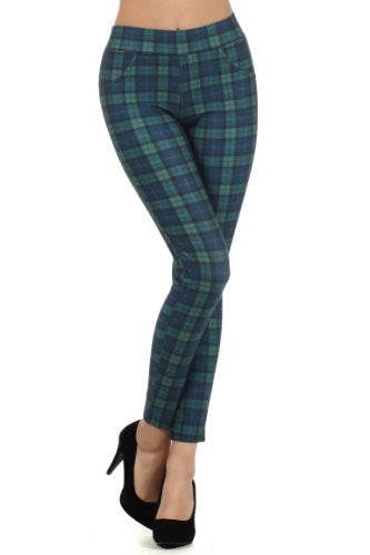 Yelete High-Waist Plaid Skinny Pants with Elastic Banded Waist - Green S