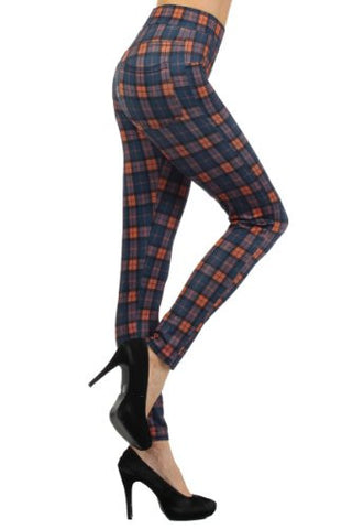 Yelete High-Waist Plaid Skinny Pants with Elastic Banded Waist - Orange/Blue S