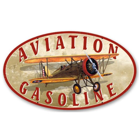 Aviation Gasoline oval metal sign measures 14 inches by 24 inches