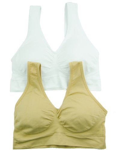 2 Pack: Seamless Nylon Spandex Sports Bra with Removable Padding,One Size,Nude/White