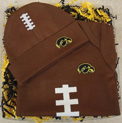 Iowa Hawkeyes Football Onesie And Football Hat Baby Gift Set (NB - 3 Months, Brown)