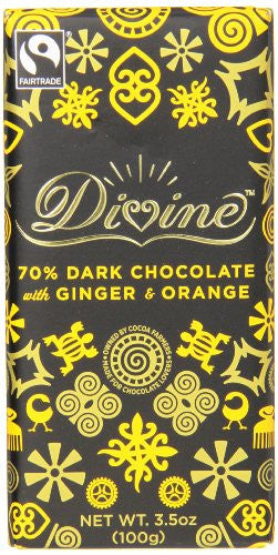 DIVINE CHOCOLATE INC., DIVINE 70% DARK W/ GINGER & ORANGE BAR 3.5OZ