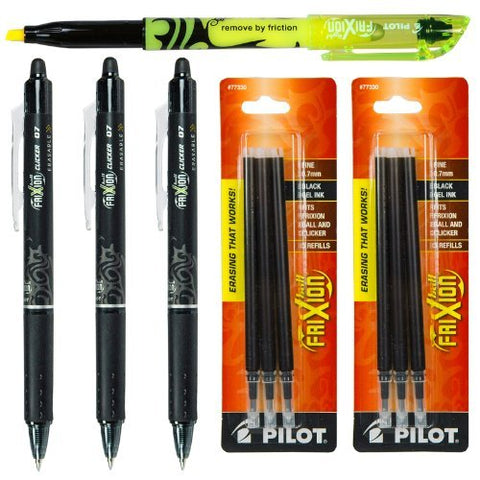 3 Frixion Clicker Gel Pen, Fine Tip, Black and 2 of 3 Pack Pouch, Frixion Ball Refill Pen, Fine Tip, Black, and Frixion Light Pen, Yellow